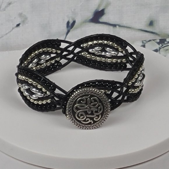 Leather & Bead Bracelet -Black & Silver - Picture 1 of 5